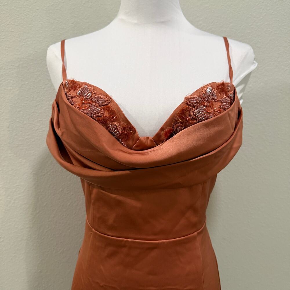 NWT Maniju Satin Maxi Dress Gown Beaded Cowl Neck Orange Terrocotta Wedding - Picture 4 of 10